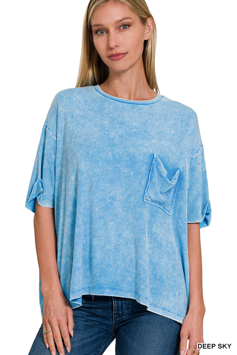 Zenana washed ribbed cuffed short sleeve round neck top