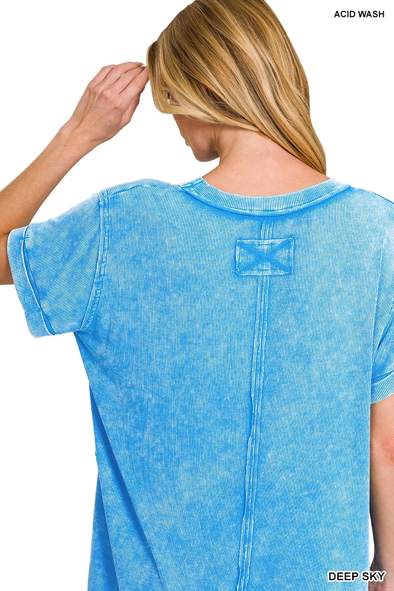 Zenana washed ribbed cuffed short sleeve round neck top