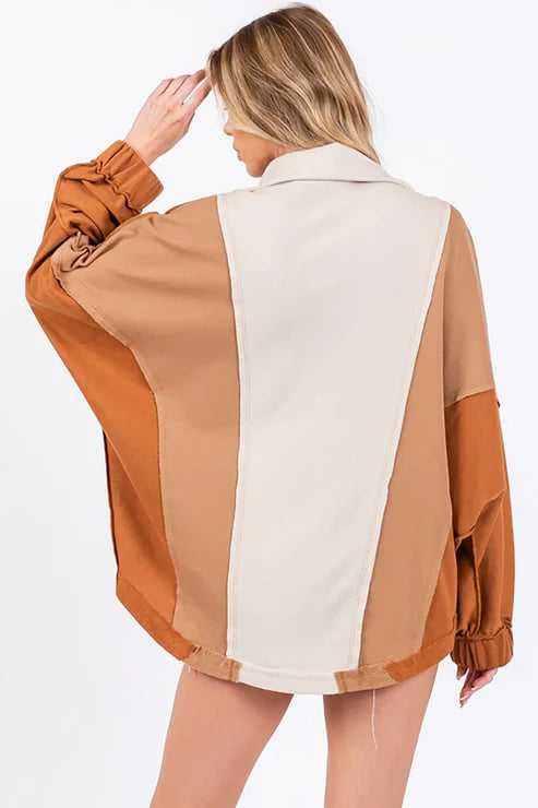 Cesfemme - Colorblock Collared Pullover Sweatshirt for Boutiques Trendy Neutral Tones Sweater