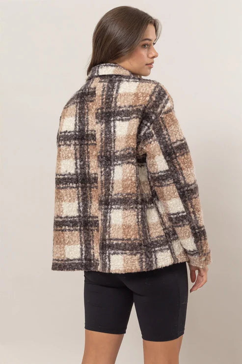 Hyfve - Plaid Collared Neck Front Button Side Pocket Boucle Jacket