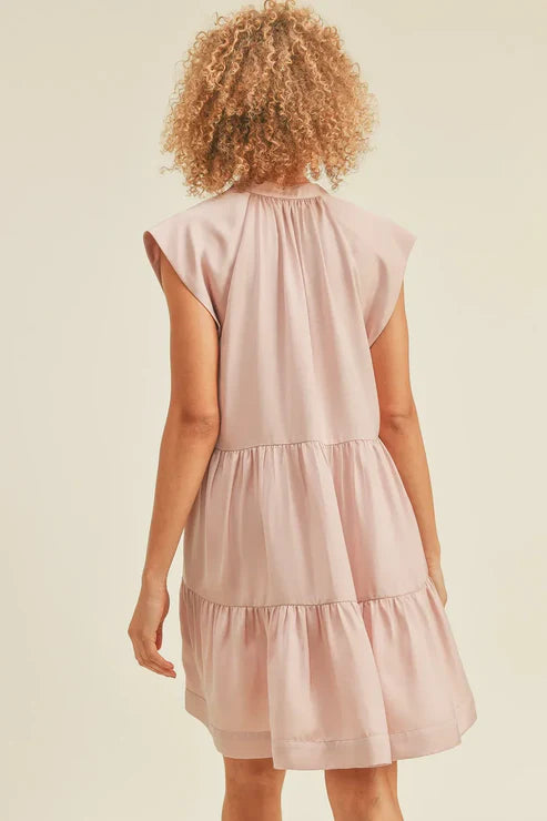 Reset by Jane Cap Sleeves Amelia Tiered Shift Dusty Rose Gathered Hem Mini Dress