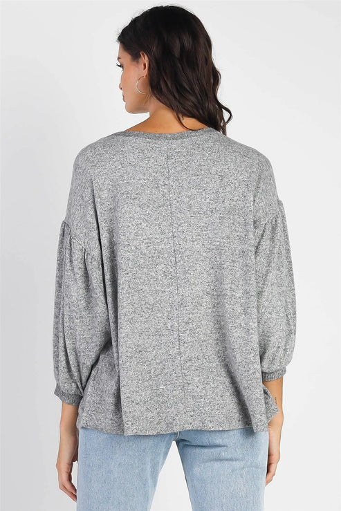 Cherish Heather Grey Soft Long Sleeve Puff Ballon Top