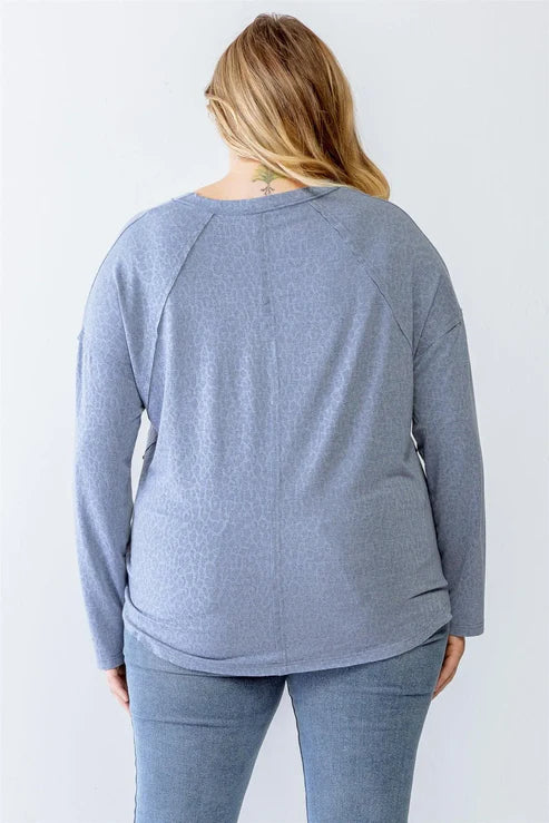 Very J – Plus Size Washed Blue Leopard V-Neck Long Sleeve Top