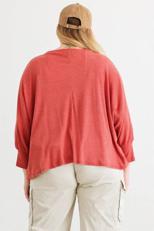 Gilli- Junior Plus Berry Waffle Knit Batwing Sleeve