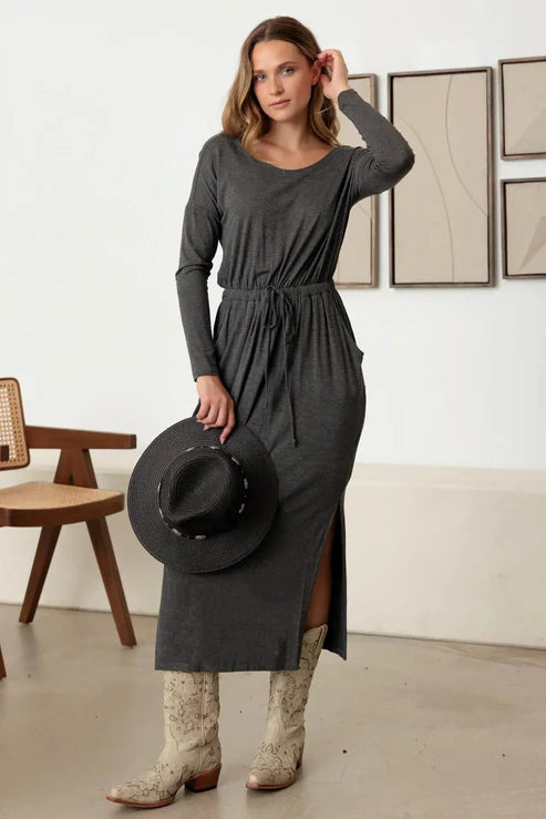 Cherish Belted Long Sleeve Side Slit Basic Maxi Dress