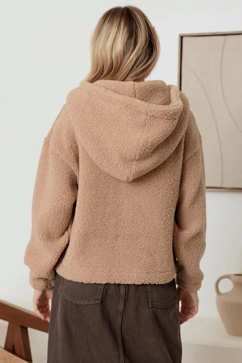 Sherpa Button-Up Two Pocket Hooded Pullover Jacket by New In