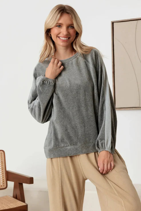 Cherish – Cotton Blend Velour Balloon Sleeve Sweatshirt Top (Charcoal)