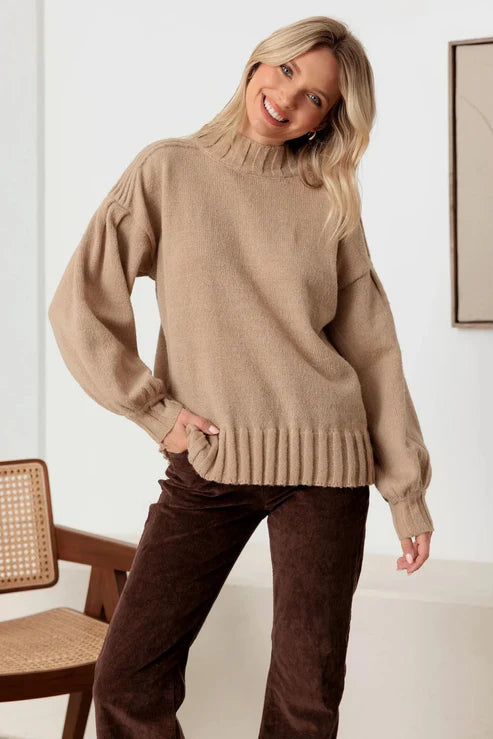 New In Knit Crew Neck Long Puff Sleeve Sweater
