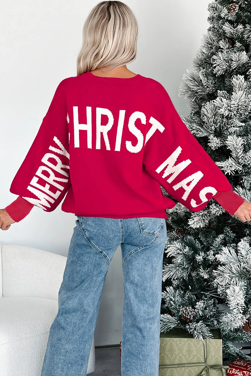 Fiery Red Ho Ho Ho Merry Christmas Drop Shoulder Sweater