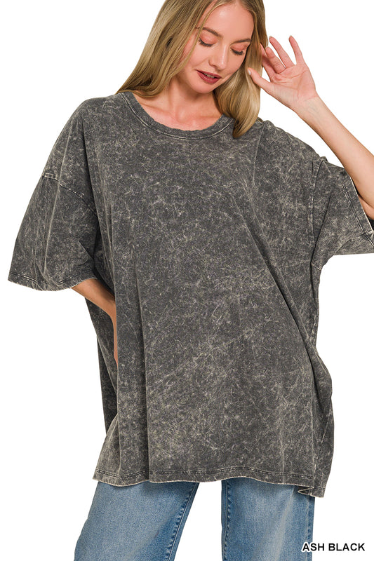 Zenana acid wash cotton drop shoulder boyfriend box tee