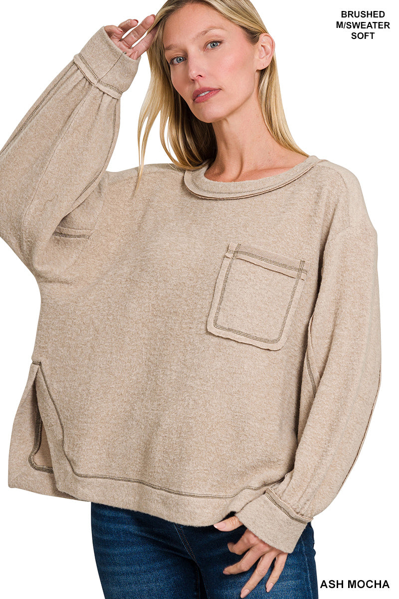 Zenana - Brushed hacci hi-low round neck sweater