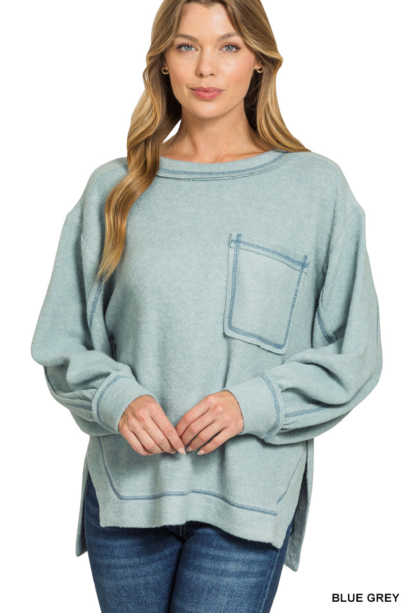 Zenana - Brushed hacci hi-low round neck sweater