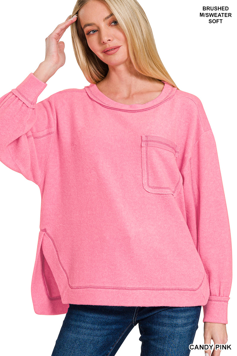 Zenana - Brushed hacci hi-low round neck sweater