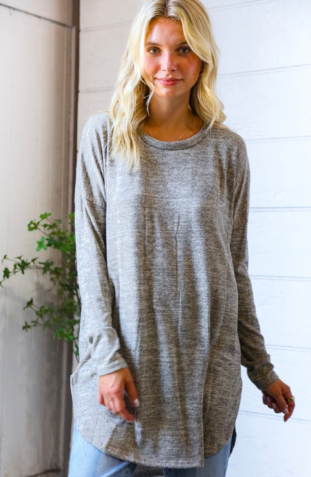 Heather Taupe Oversized High Low Cozy Long Sleeve