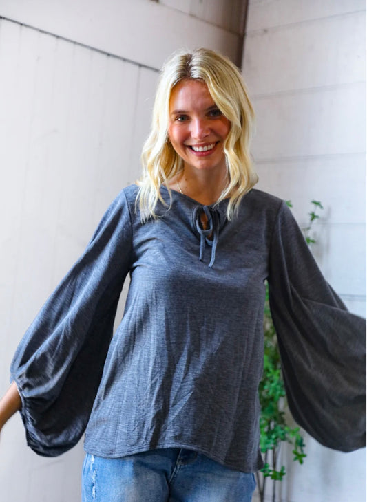 Beeson River - Charcoal Tie Front Synch Wrist Top