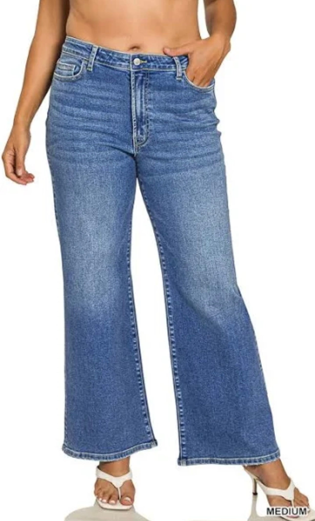 Zenana - Plus Size Medium Wash Wide Leg Denim Pants