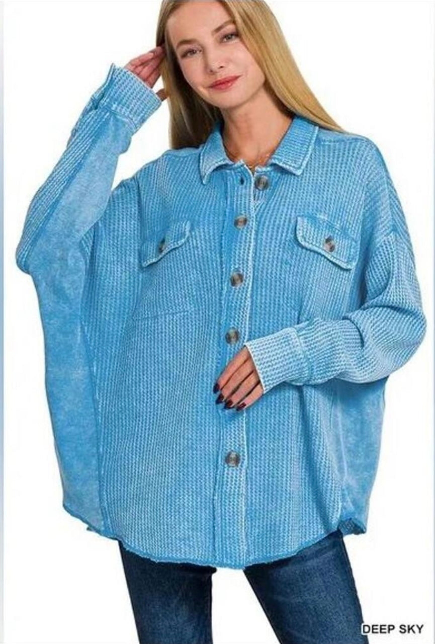 Zenana - Cotton Waffle Acid Wash Oversized Shacket