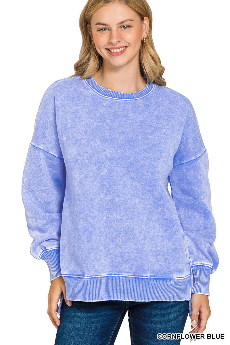 Zenana Acid Wash Fleece Hi-Low Hem Pullover with Pockets