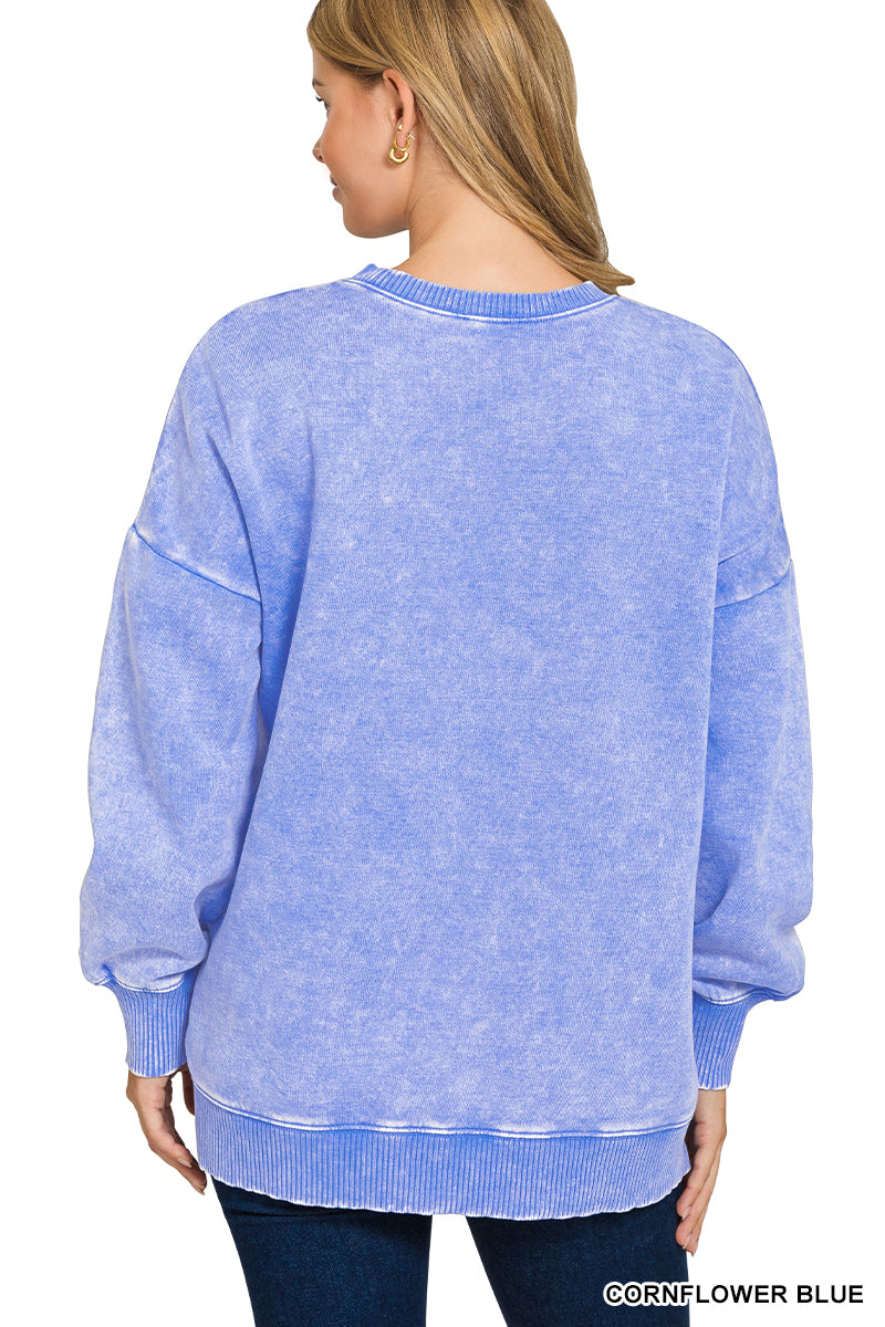 Zenana Acid Wash Fleece Hi-Low Hem Pullover with Pockets