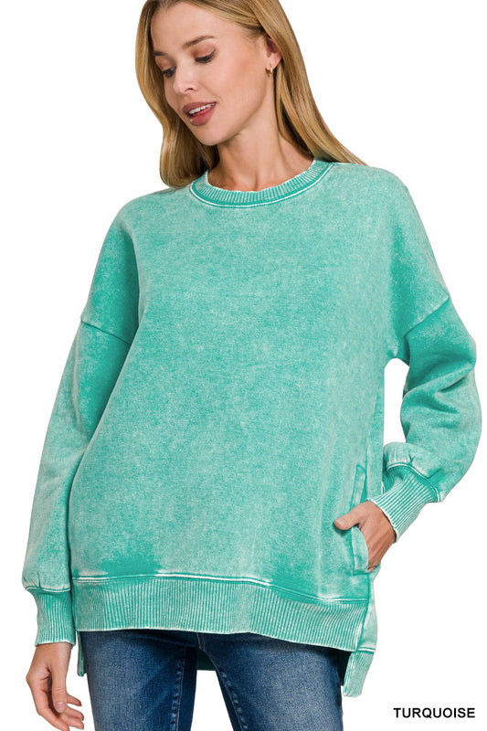 Zenana Acid Wash Fleece Hi-Low Hem Pullover with Pockets