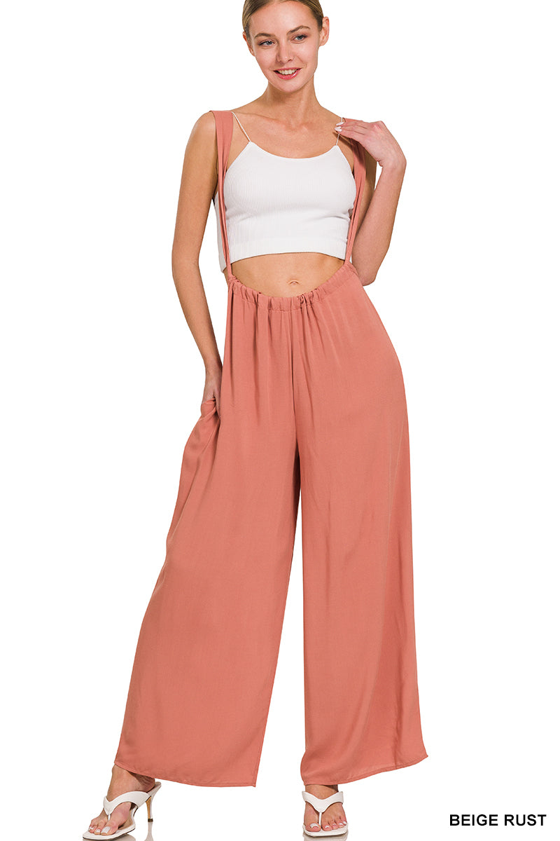 Zenana Woven Tie Back Suspender Jumpsuit with Pockets