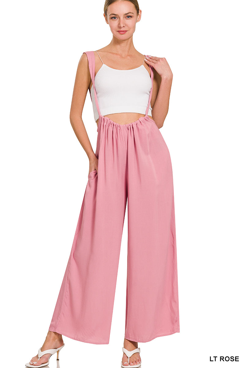 Zenana Woven Tie Back Suspender Jumpsuit with Pockets