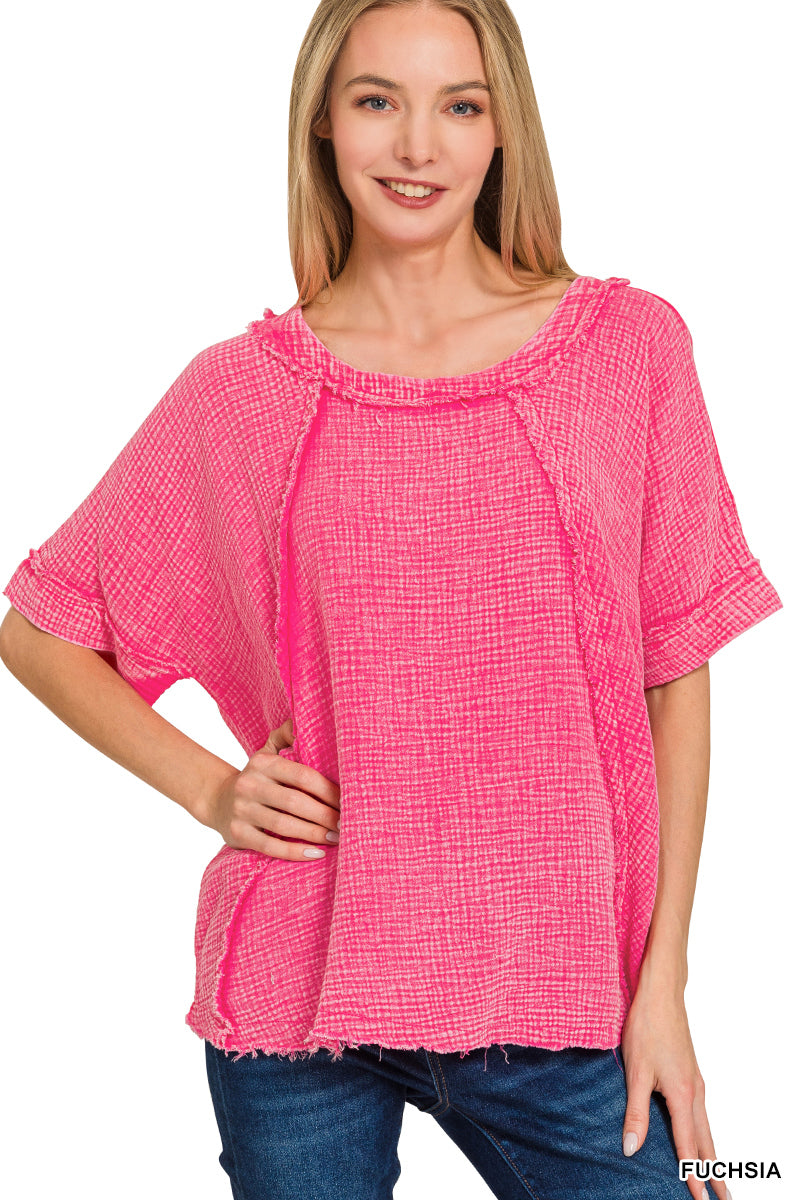 Zenana Washed Double Gauze Raglan Sleeve Shirt