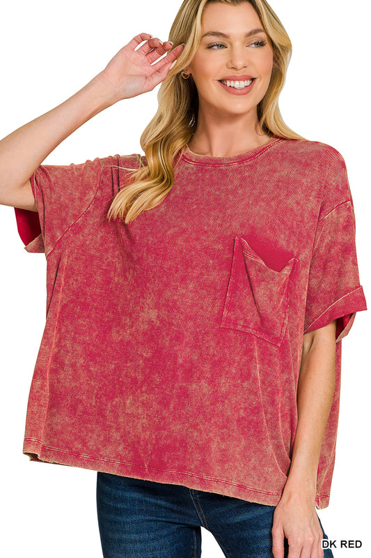 Zenana washed ribbed cuffed short sleeve round neck top