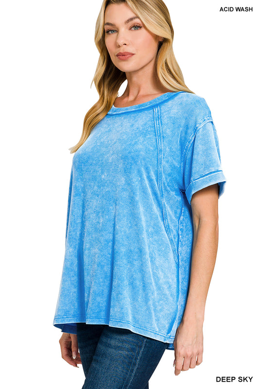 Zenana washed ribbed cuffed short sleeve round neck top