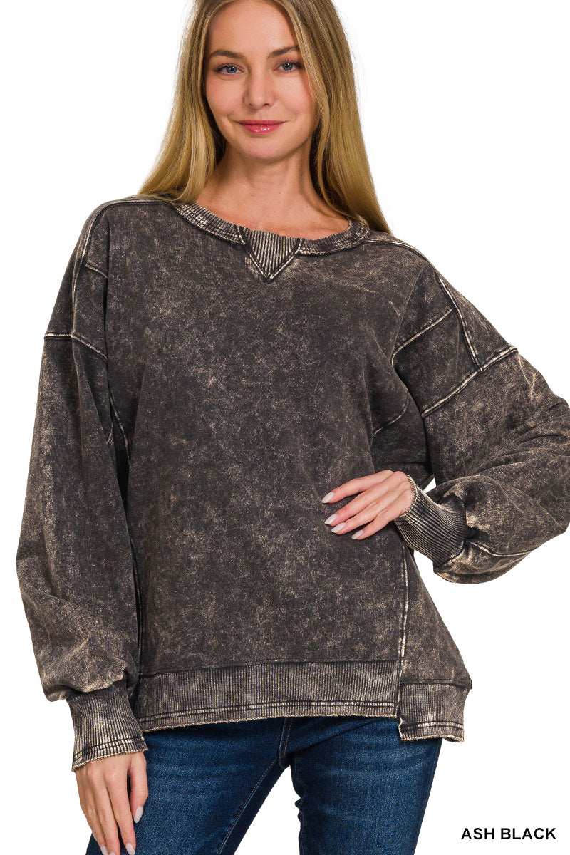 Zenana French terry acid wash pullover