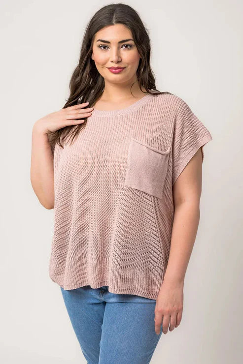 Gilli Plus Size Boxy Front Pocket Short Sleeve Sweater Top – Blush