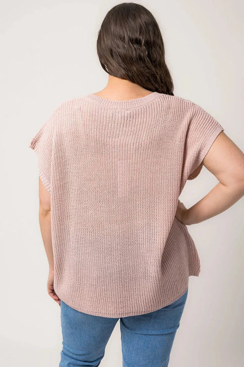 Gilli Plus Size Boxy Front Pocket Short Sleeve Sweater Top – Blush