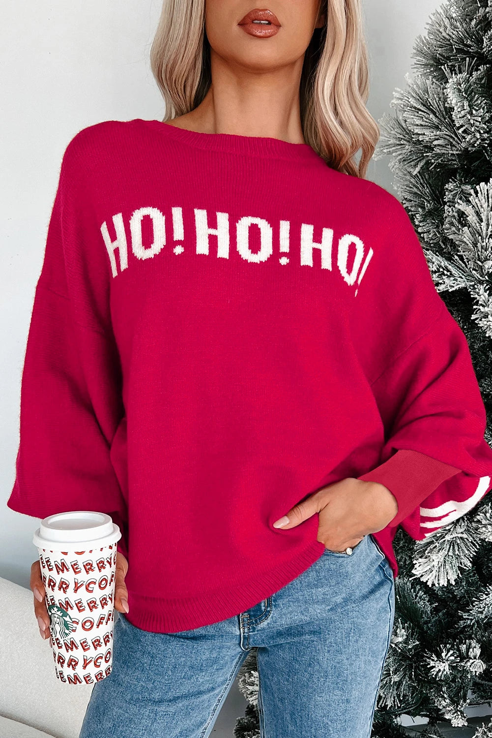 Fiery Red Ho Ho Ho Merry Christmas Drop Shoulder Sweater