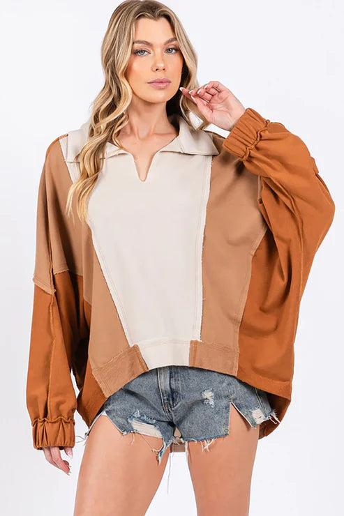 Cesfemme - Colorblock Collared Pullover Sweatshirt for Boutiques Trendy Neutral Tones Sweater