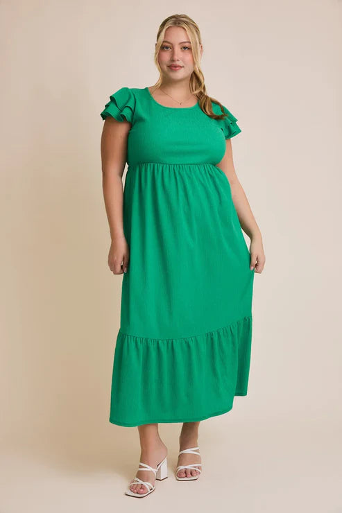 Gilli Plus Size Flutter Sleeve Tiered Hem Empire Waist Boho Midi Dress – Emerald Goddess