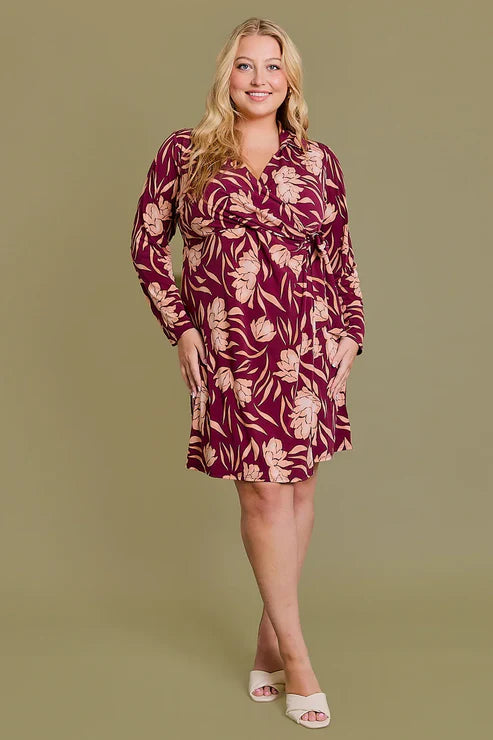 Gilli Plus Size Wrap Floral Wine Cream Print Long Sleeve Mini Dress