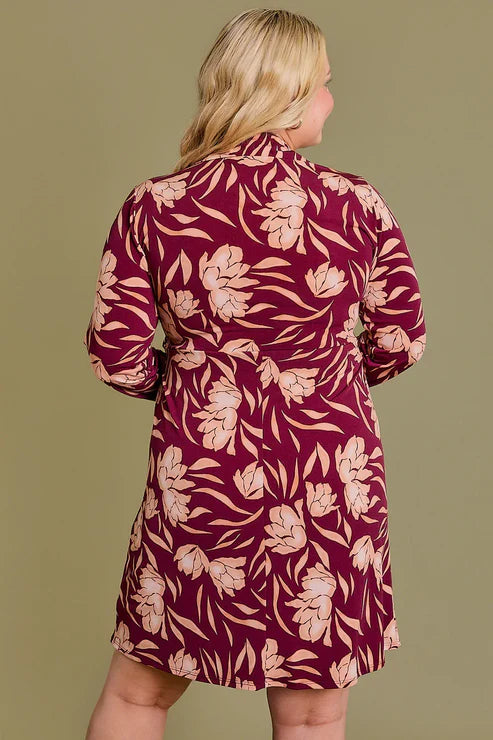 Gilli Plus Size Wrap Floral Wine Cream Print Long Sleeve Mini Dress