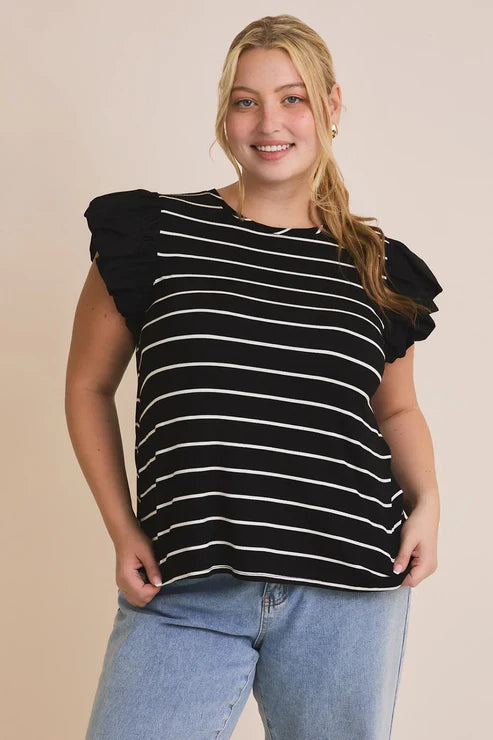 Gilli Plus Size Ruffle Sleeve Striped Knit Top