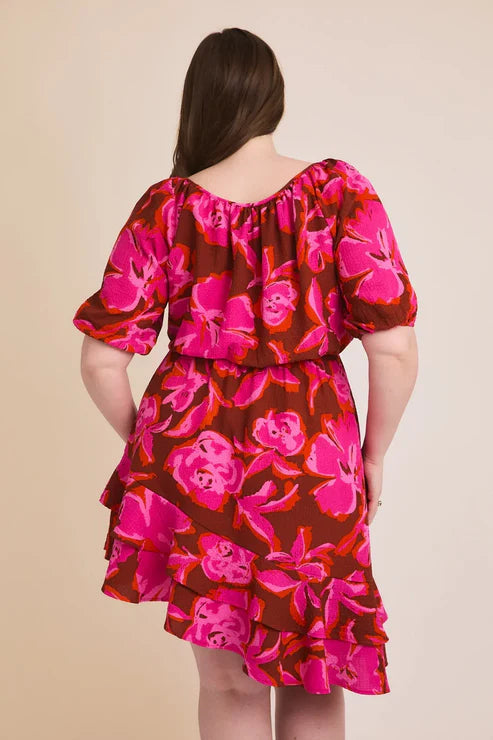 Gilli Hot Pink Brown Floral Print Off Shoulder Puff Sleeve Asymmetric Ruffle Dress