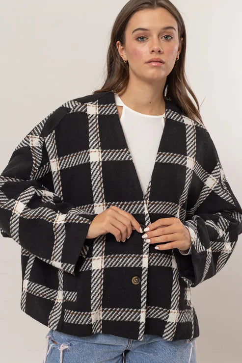 Hyfve - Oversize Plaid Long Sleeve Side Slit Pockets Jacket Shacket