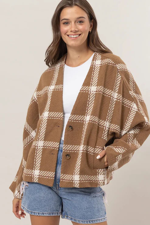Hyfve - Oversize Plaid Long Sleeve Side Slit Pockets Jacket Shacket