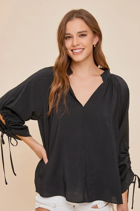 Mustard Seed - Midnight Romance Tie Long Sleeve Black Flowing V-Neck Blouse