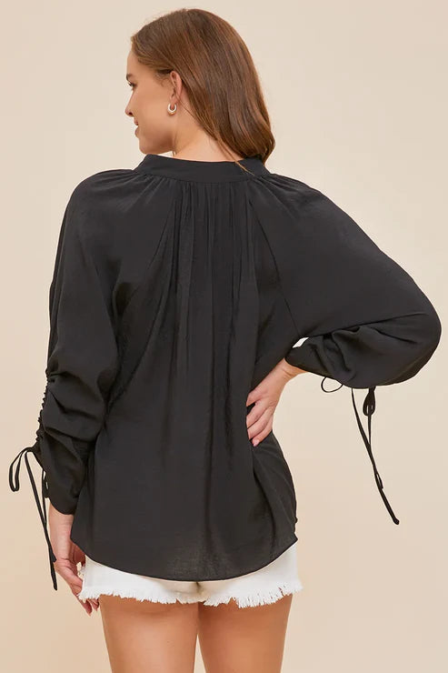 Mustard Seed - Midnight Romance Tie Long Sleeve Black Flowing V-Neck Blouse