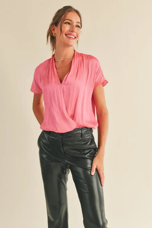 Reset by Jane Soft Cuffed Short Sleeve Button Front V-Neck Wrap Casual Summer Bodysuit