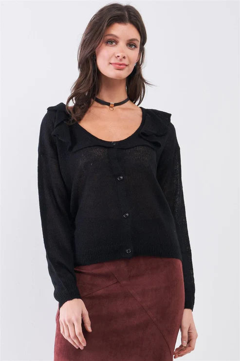 Mustard Seed Black Round Neck Bertha Collar Button-Front Cardigan