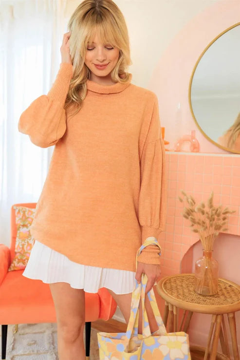 Cherish – Soft Sherbet Flannel Turtleneck Juliette Sleeve Knit Sweater Top