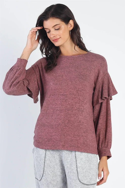 Cherish – Mauve Ruffle Shoulder Detail Long Sleeve Top