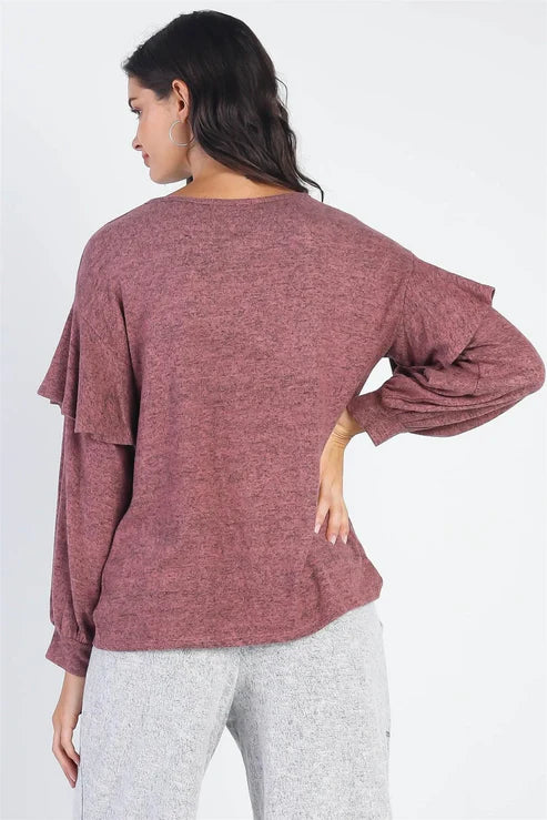 Cherish – Mauve Ruffle Shoulder Detail Long Sleeve Top