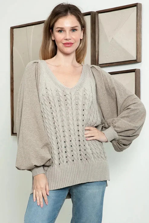 Chrysanthemum – Cozy Chic Cable Knit Long Puff Sleeve V-Neck Sweater (Taupe)