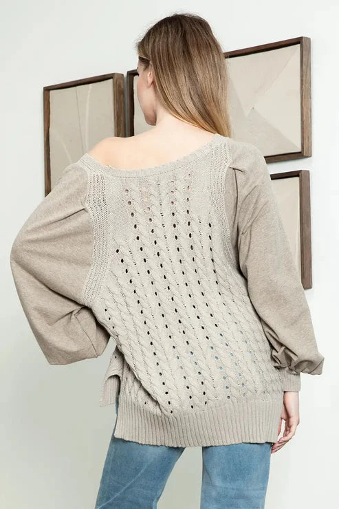 Chrysanthemum – Cozy Chic Cable Knit Long Puff Sleeve V-Neck Sweater (Taupe)